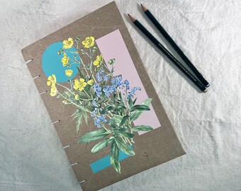 Flower Journal - Handmade Buttercups and Forget Me Nots Journal - Handmade Nature Journal - Recycled Junk Journal