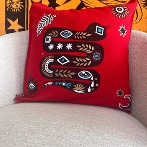 Red Hand printed cushion cover Happy Snake