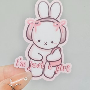May include: Pink bunny rabbit sticker with a pink bow and the text "i'm just a girl" in a pink retro font.