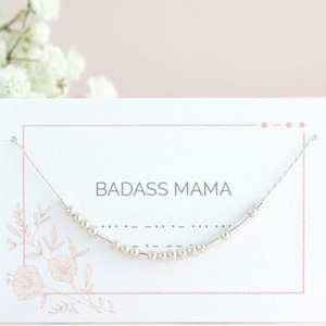 Badass Mama Necklace, Morse Code Necklace, New Mother Push Present, Gift for Mom Mother Grandma, Dainty Necklace, Meaningful Message Jewelry