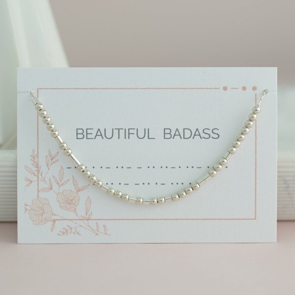 Beautiful Badass Morse Code Necklace, Girlfriend Jewelry Gift, Friendship Necklace, Sister Gift, Word Necklace, Sterling Silver, Gold Filled