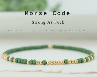 Strong As Fuck Morse Code Bracelet, Beaded Stretch Bracelet for Stacking and Layering