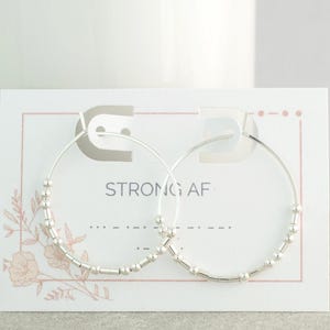 Strong AF Morse Code Hoop Earrings, Beaded Hoops, Simple Classic Earrings, Survivor Gift, Female Empowerment, Girlfriend Jewelry Gift