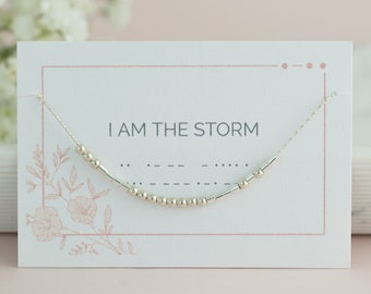 Soy el collar de la tormenta, collar de sobreviviente, joyería motivacional, joyería de código Morse, regalo inspirador para ella, plata de ley, relleno de oro