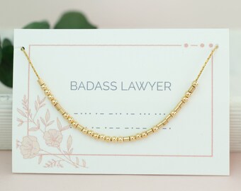Badass Lawyer Morse Code Necklace, Gift for Attorney JD, Law School Graduation, Litigator Jewelry, Custom Word Jewelry, Dainty Gold Necklace