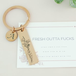 Fresh Outta Fucks Morsecode-sleutelhanger, Zero Fucks Swear Word-cadeau, gegraveerde sleutelhanger gepersonaliseerd met initiaal, zilveren roségouden sleutelhanger
