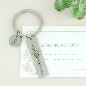 Op de afbeelding: Een zilveren sleutelhanger met een ronde bedel met de letter "S" en een rechthoekig label met een bloemenontwerp en de tekst "STRONG AS FUCK" op een kaart. De achtergrond is lichtroze.
