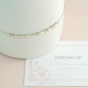 Strong AF Morse Code Bracelet, Dainty Beaded Chain Bracelet, Strong Woman Gift, Female Empowerment, Stacking Bracelet, Sterling Silver