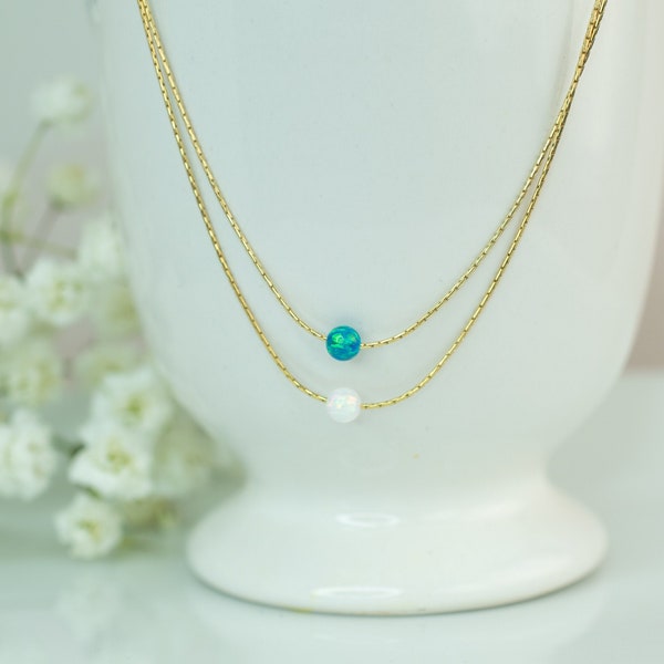 Dainty Opal Necklace, Fiery Opal Jewelry, Peacock Gemstone, Fire Snow White Opal, Dot Necklace, Opal Choker, October Birthstone