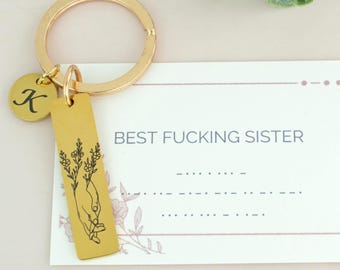 Best Fucking Sister Morse Code Keyring, Sweet Sixteen Gift for Sister, Custom BFF Friend Gift, Personalized Birth Flower, Big Sis Little Sis