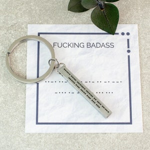 Fucking Badass Morse Code Keyring, Strength and Encouragement Gift for Sober Anniversary, Adult Humor Gift for Biker Husband or Boyfriend
