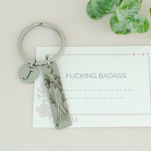 Fucking Badass gegraveerde morsecode sleutelhanger, gepersonaliseerde sleutelhanger voor sterke vrouw, cadeau voor nieuwe bestuurder, feministische vrouw, fuck het patriarchaat