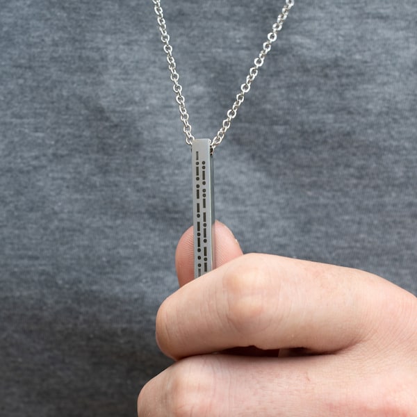 Fuck Cancer Men's Engraved Morse Code Necklace, Cancer Survivor Support, Custom Bar Pendant, Nobody Fights Alone, Strength Inspiration