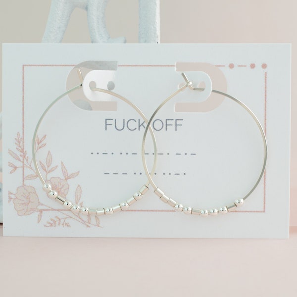 Fuck Off Morse Code Hoop Earrings, Silver Beaded Hoops, Custom Word Jewelry, Bold Hoop Earrings, Secret Message Jewelry, Sterling Silver