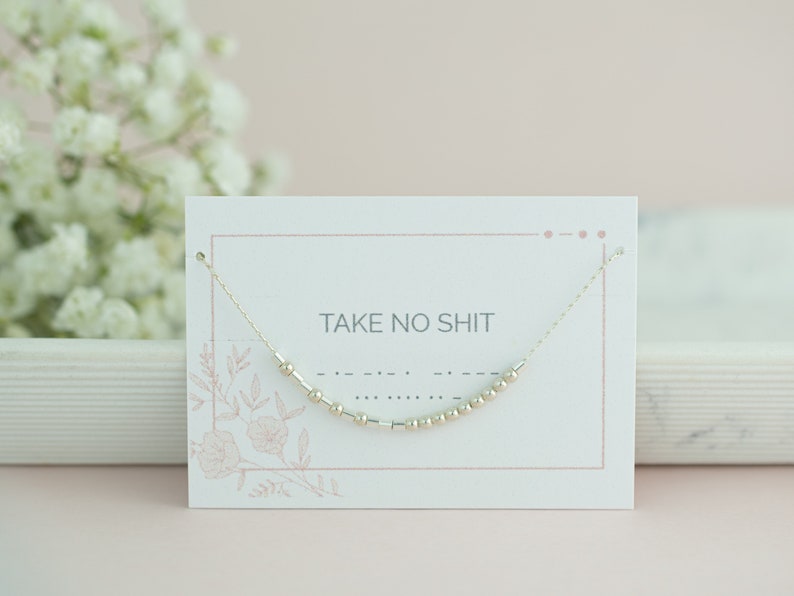 May include: A delicate silver necklace with a Morse code design spelling "TAKE NO SHIT" is displayed on a white card. The card has a pink border and floral accents. The background includes soft pink and white elements.