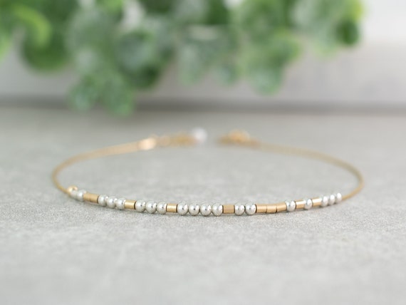 Personalized Mixed Metal Morse Code Bracelet, Custom Name Jewelry, Dainty Chain Message Bracelet, Gift for Friend, Sister, Girlfriend, Wife