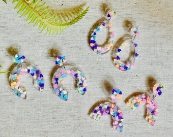 Colorful Heart Confetti Resin Earrings - U Shape - Statement Earring