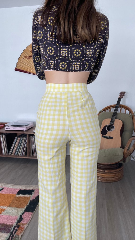 Vintage 70s Yellow Gingham Flare Pants XS Hippie … - image 3