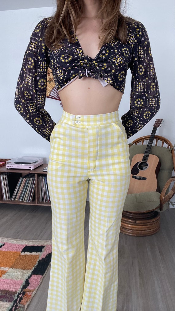 Vintage 70s Yellow Gingham Flare Pants XS Hippie … - image 4