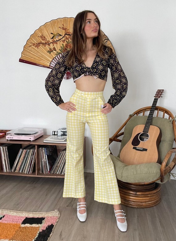 Vintage 70s Yellow Gingham Flare Pants XS Hippie … - image 1