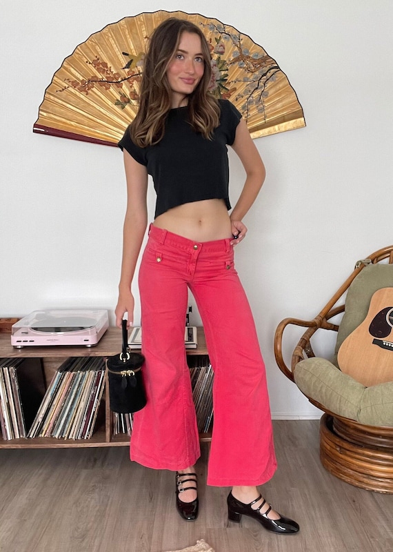 Vintage 60s Pink Flare Bell Bottoms XS 70s Hippie… - image 1