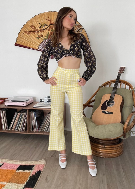Vintage 70s Yellow Gingham Flare Pants XS Hippie … - image 5