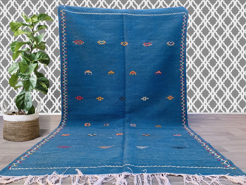 Vintage Blue Rug 5x8ft kilim Wool Rug Moroccan Rug Etsy