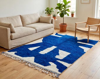 Blue Beni Ourain Rug – Handmade Moroccan Wool Rug, Abstract Berber Design
