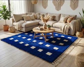 Blue Moroccan Rug – Custom Handmade Beni Ourain Checkerboard Area Carpet for Living Room Bedroom