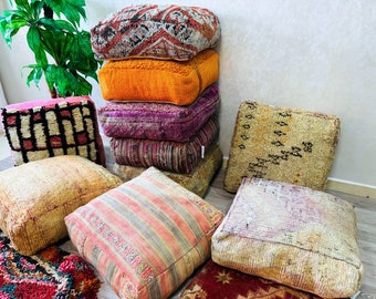 Puf Kilim marroquí, Puf de suelo, Otomano marroquí vintage, Puf cuadrado Beni Ourain, Cojín de meditación de yoga, Funda de almohadas Kilim rojas al aire libre
