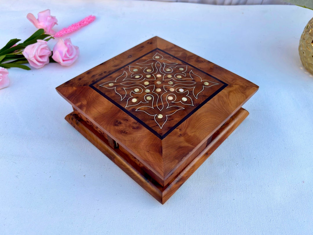 Handmade Wood Jewelry Box 7x7,moroccan Puzzle Box, Secret Opening Thuya