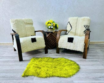 Set of 2 Mid century armchair- chair - Retro lounge chair - modern chair - relax vintage style chair -Handmade walnut wood and vintage kilim