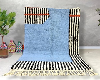 Blue Moroccan Rug – Handmade Berber Wool Rug, Abstract Tribal Beni Ourain Design