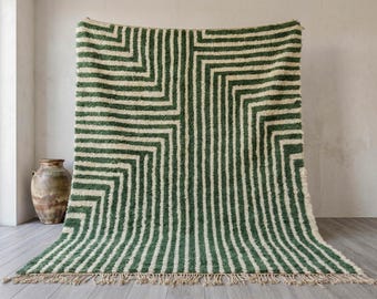 Moroccan Rug – Sage Green Beni Ourain Wool Carpet, Geometric Striped Berber Design