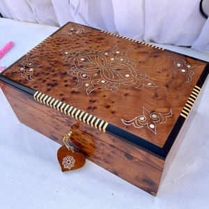 Large Handmade Keepsake Jewelry Box 12&quot;x8&quot;, Moroccan Hand Carved Thuya Wood Burl Wedding Memory Chest, Jewelry Storage Organizer Box