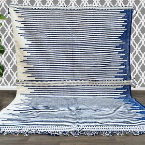 Tappeto marocchino a righe 2,5 x 3,4 m – Tappeto berbero in lana fatto a mano – Tappeto moderno blu e avorio – Grande decorazione boho