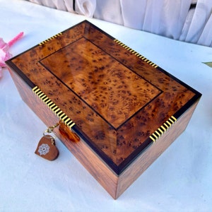 Large HANDMADE Solid Thuya Burl JEWELRY BOX wood gift,11x8in Lockable Wooden Chest Box, Unique Handmade Luxury Box ,Jewelry Storage Box