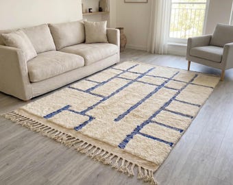 Ivory Beni Ourain Rug – Moroccan Wool Area Rug, Blue Textured Boho