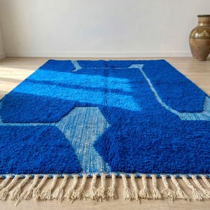 Blue Beni Ourain Moroccan Rug – Handmade Berber Wool Carpet, Abstract Tribal Design for Modern Boho Living Room image 10