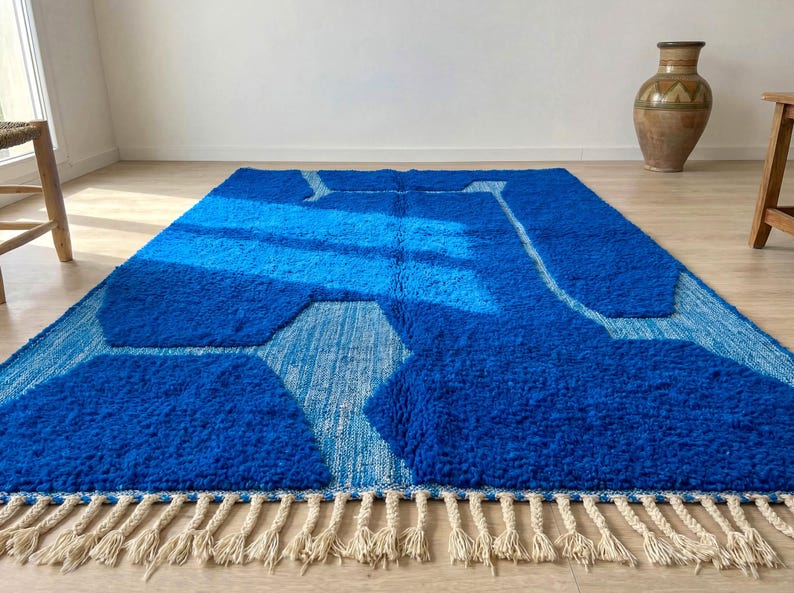 Blue Beni Ourain Moroccan Rug – Handmade Berber Wool Carpet, Abstract Tribal Design for Modern Boho Living Room image 10