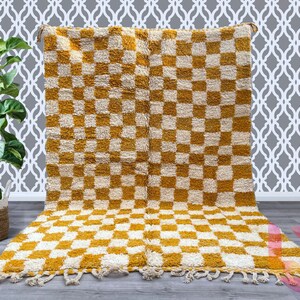 moroccan checkered rug, checkered morrocan rug, white and curry rug, checkered custom rug, beige checkered rug, wool and cotton handmade rug