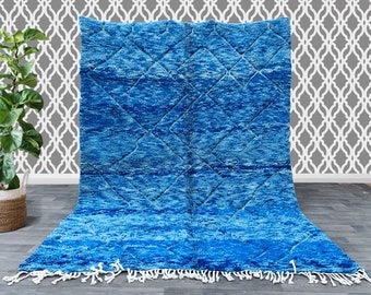 Lovely blue Beni ouraine rug 7x9 ft- Blue moroccan rug 6.8 x 9.6 ft -New Berber design Hand-Knotted Moroccan wool rug -vintage berber carpet