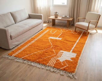 Orange Moroccan Berber Rug – Handmade Wool Geometric Carpet, Boho Decor for Modern Living Room