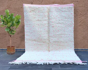 Ready to Ship | Moroccan Pink Dotted Rug 5.1x8.5 ft – Handmade Wool Berber Carpet – Ivory Base with Pink Accents – Modern Boho Decor