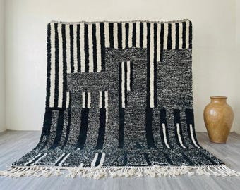 Black Beni Ourain Rug – Moroccan Handmade Wool Berber Carpet, Abstract Striped Design, Large Living Room Boho Decor