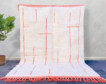 Handmade Moroccan Wool Rug – White & Orange Beni Ourain Carpet – Geometric Berber Area Rug – Boho Living Room Decor - Moroccan rug -Wool rug