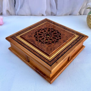 Handmade Wood Jewelry Box 9&quot;x9&quot;,Moroccan puzzle box, secret opening thuya wood jewellery Box organizer with 4 cases,Decorative Jewelry Box