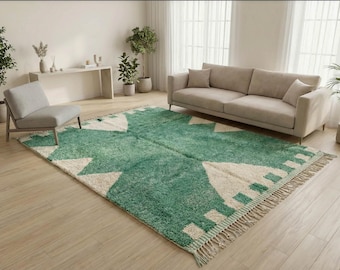 Green Beni Ourain Moroccan Rug , Handwoven Wool Geometric Berber Carpet, Plush Boho Living Room