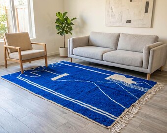 Blue Moroccan Rug – Handmade Berber Wool Rug, Minimalist Abstract Beni Ourain Design