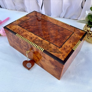 12&quot;x8&quot; Hand-Crafted Wooden Jewelry Box, Made of Thuya Burl With Two Storage Level, Women Jewelry Box, Watch Box For Men,  Lockable Box